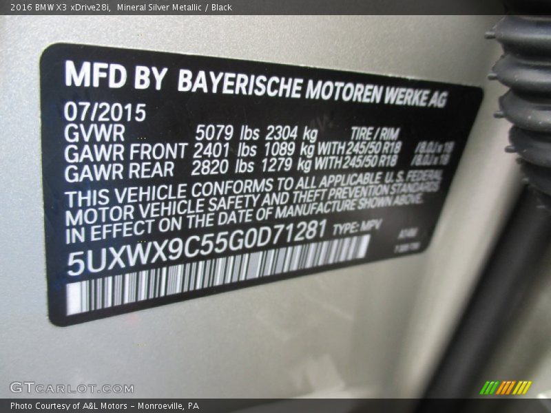 Mineral Silver Metallic / Black 2016 BMW X3 xDrive28i