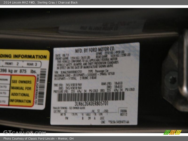 Sterling Gray / Charcoal Black 2014 Lincoln MKZ FWD