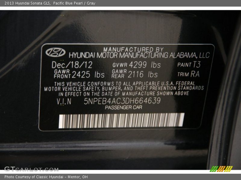 Pacific Blue Pearl / Gray 2013 Hyundai Sonata GLS