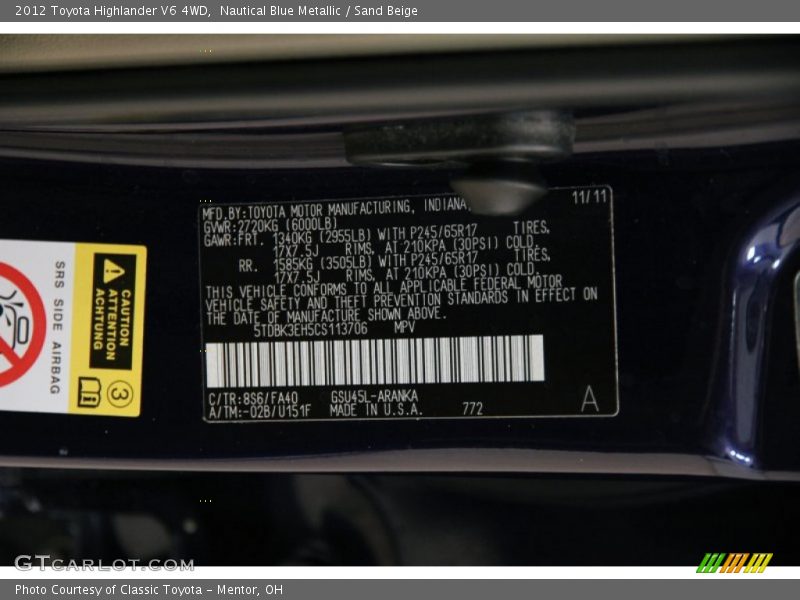 Nautical Blue Metallic / Sand Beige 2012 Toyota Highlander V6 4WD