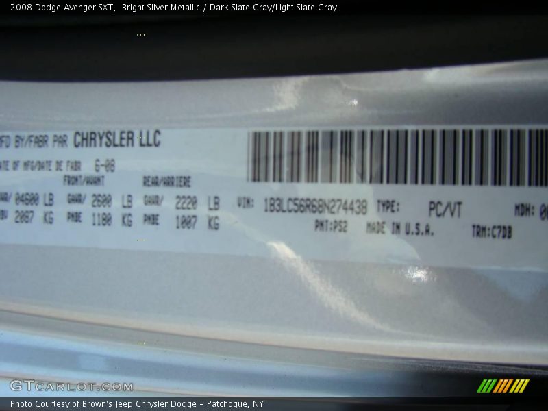 Bright Silver Metallic / Dark Slate Gray/Light Slate Gray 2008 Dodge Avenger SXT