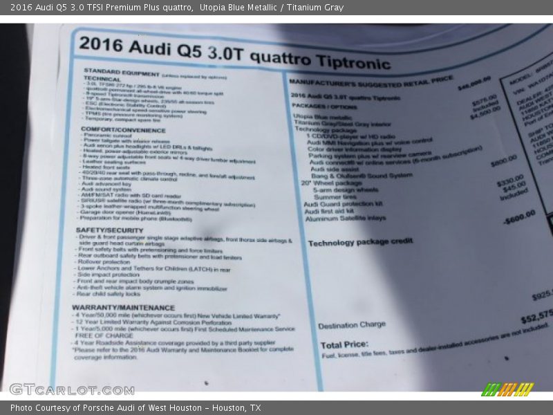 Utopia Blue Metallic / Titanium Gray 2016 Audi Q5 3.0 TFSI Premium Plus quattro