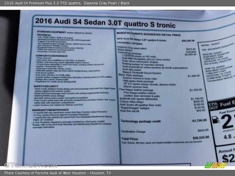  2016 S4 Premium Plus 3.0 TFSI quattro Window Sticker