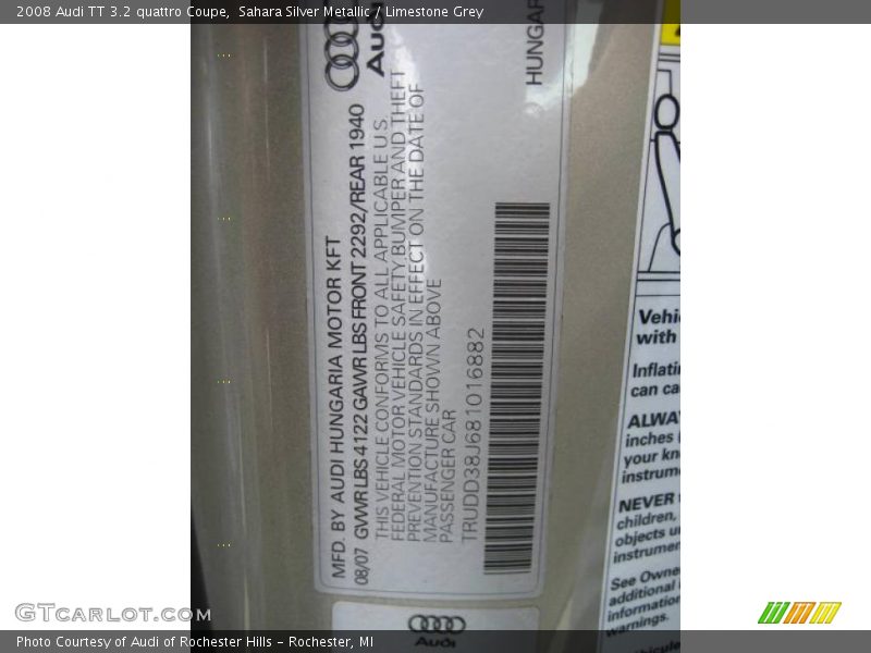 Sahara Silver Metallic / Limestone Grey 2008 Audi TT 3.2 quattro Coupe