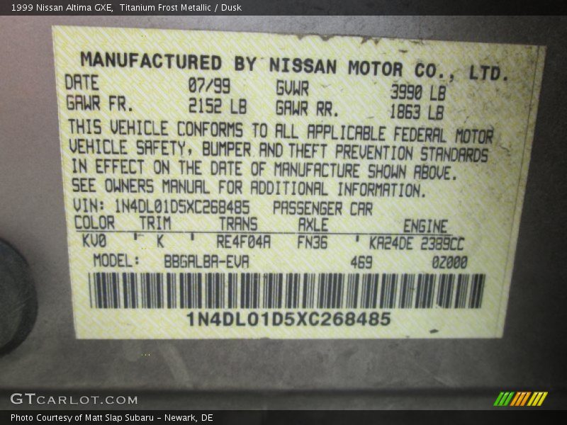 Titanium Frost Metallic / Dusk 1999 Nissan Altima GXE