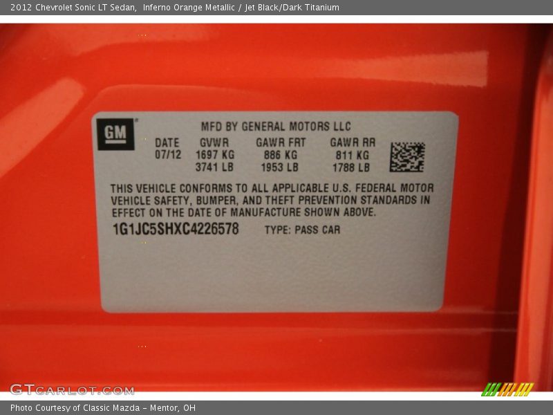 Inferno Orange Metallic / Jet Black/Dark Titanium 2012 Chevrolet Sonic LT Sedan