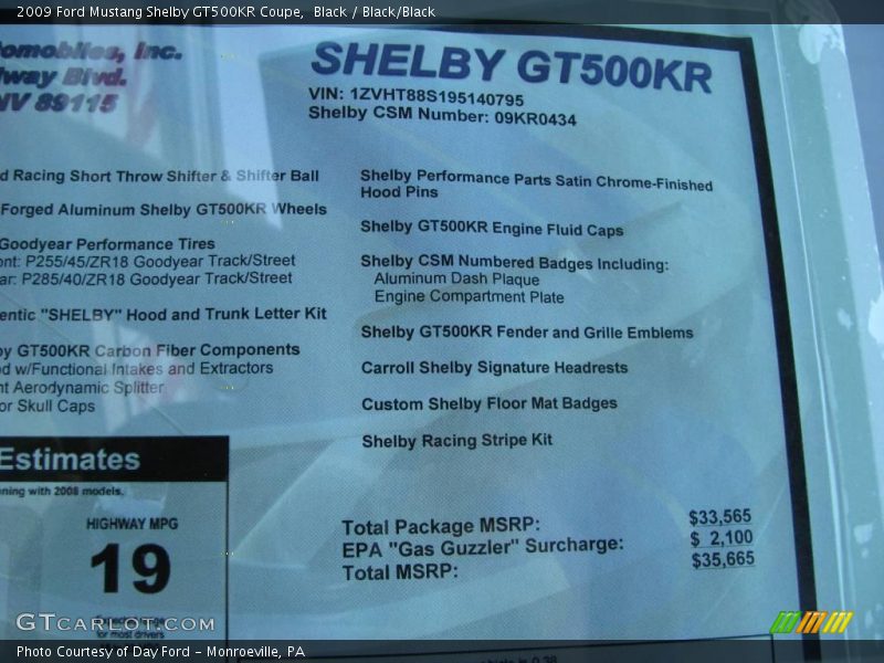  2009 Mustang Shelby GT500KR Coupe Window Sticker