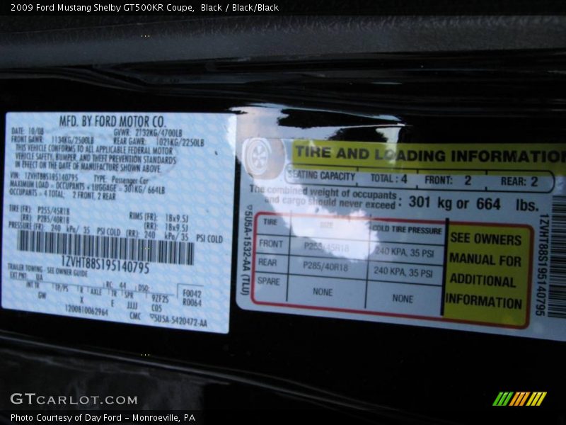 2009 Mustang Shelby GT500KR Coupe Black Color Code UA