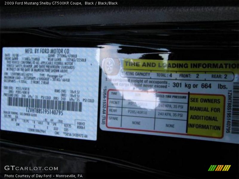 Black / Black/Black 2009 Ford Mustang Shelby GT500KR Coupe
