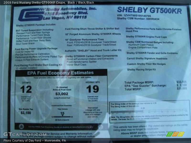 Black / Black/Black 2009 Ford Mustang Shelby GT500KR Coupe