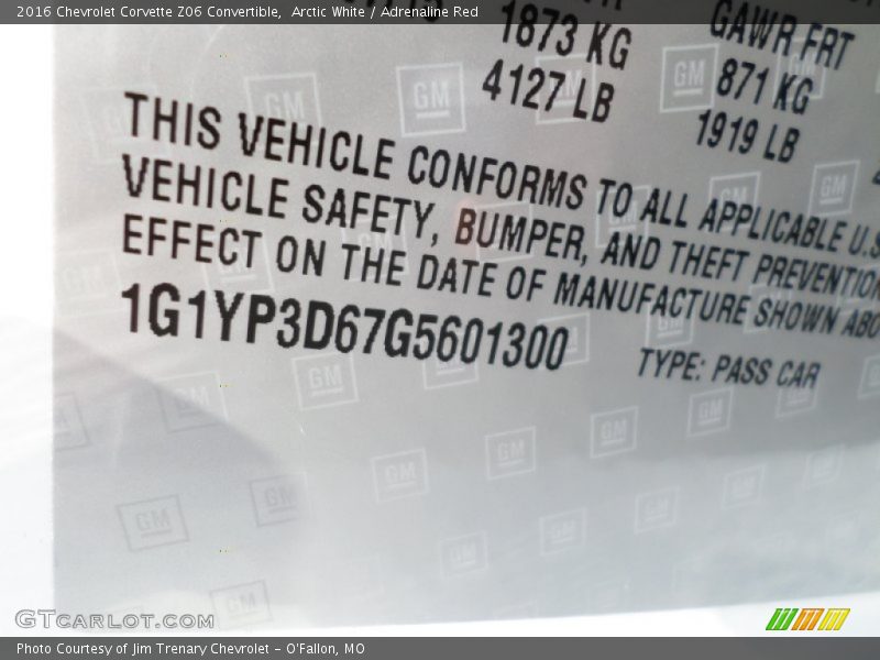 Info Tag of 2016 Corvette Z06 Convertible