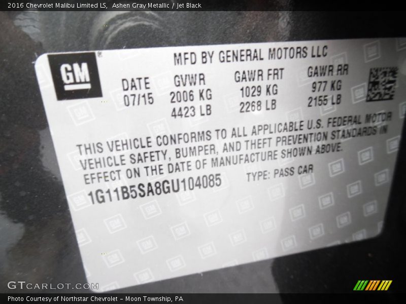 Ashen Gray Metallic / Jet Black 2016 Chevrolet Malibu Limited LS