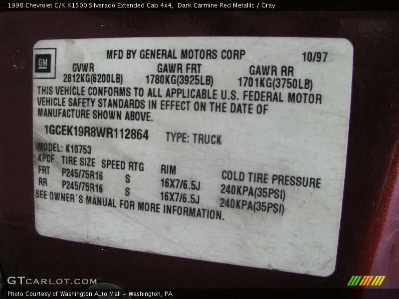 Dark Carmine Red Metallic / Gray 1998 Chevrolet C/K K1500 Silverado Extended Cab 4x4