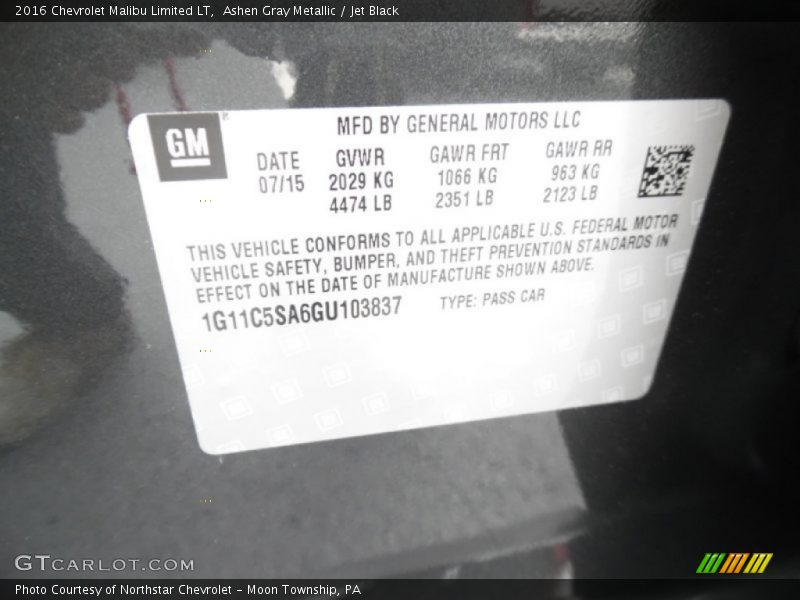 Ashen Gray Metallic / Jet Black 2016 Chevrolet Malibu Limited LT