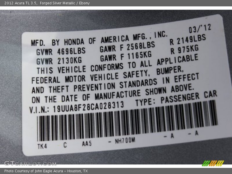 Forged Silver Metallic / Ebony 2012 Acura TL 3.5