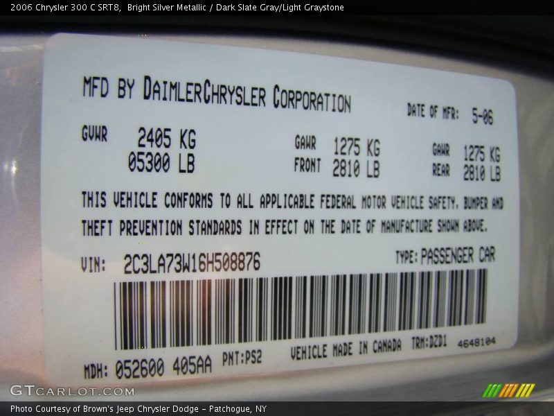 Bright Silver Metallic / Dark Slate Gray/Light Graystone 2006 Chrysler 300 C SRT8