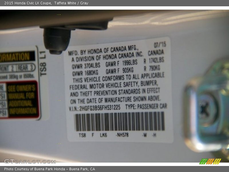 Taffeta White / Gray 2015 Honda Civic LX Coupe