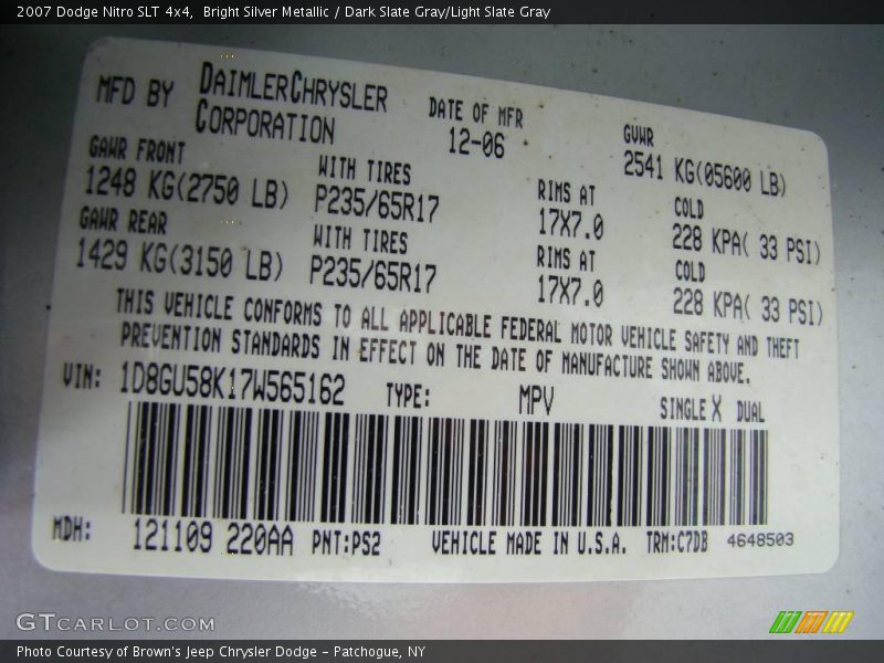 Bright Silver Metallic / Dark Slate Gray/Light Slate Gray 2007 Dodge Nitro SLT 4x4