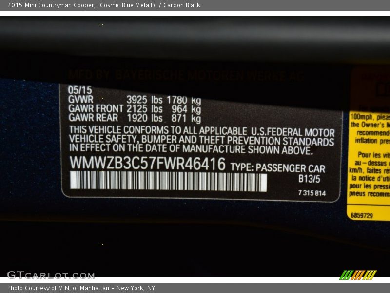 Cosmic Blue Metallic / Carbon Black 2015 Mini Countryman Cooper
