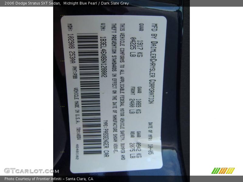 2006 Stratus SXT Sedan Midnight Blue Pearl Color Code PB8