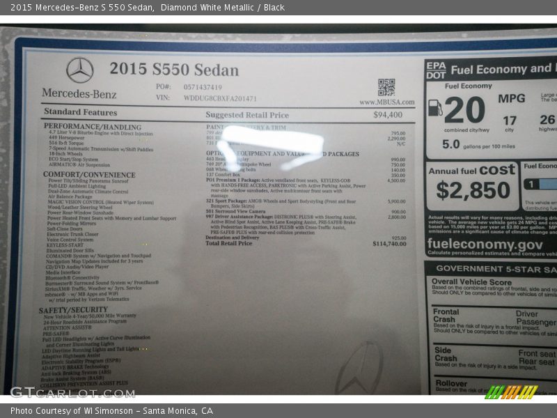 Diamond White Metallic / Black 2015 Mercedes-Benz S 550 Sedan