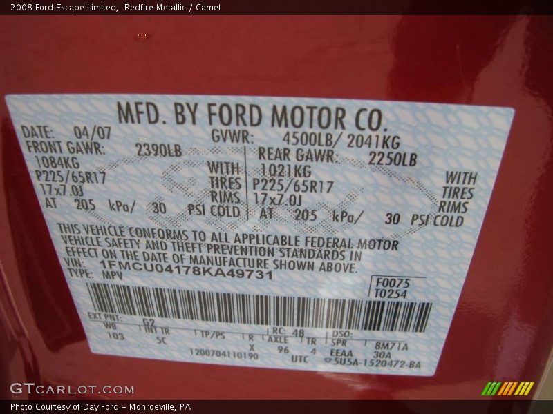 Redfire Metallic / Camel 2008 Ford Escape Limited