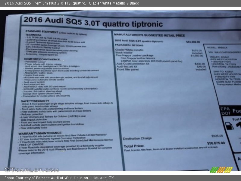  2016 SQ5 Premium Plus 3.0 TFSI quattro Window Sticker