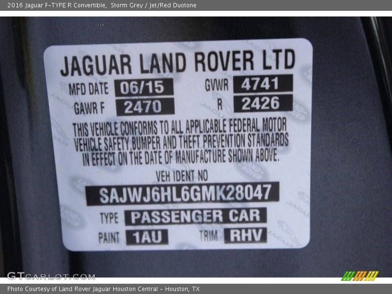 2016 F-TYPE R Convertible Storm Grey Color Code 1AU