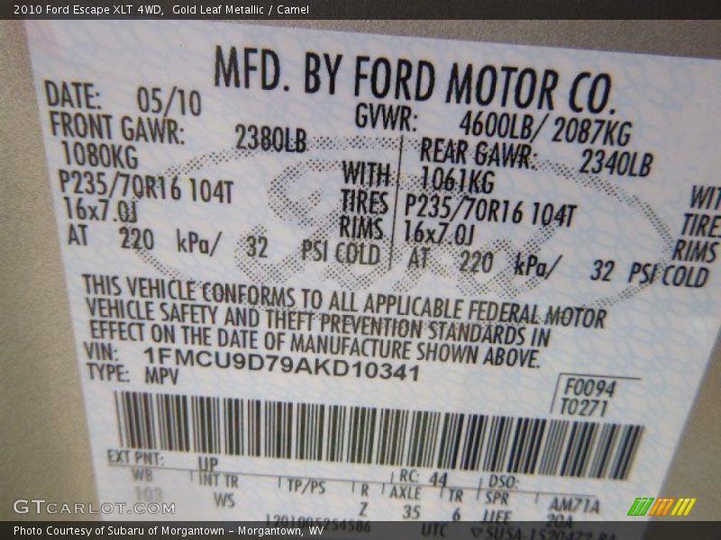 Gold Leaf Metallic / Camel 2010 Ford Escape XLT 4WD