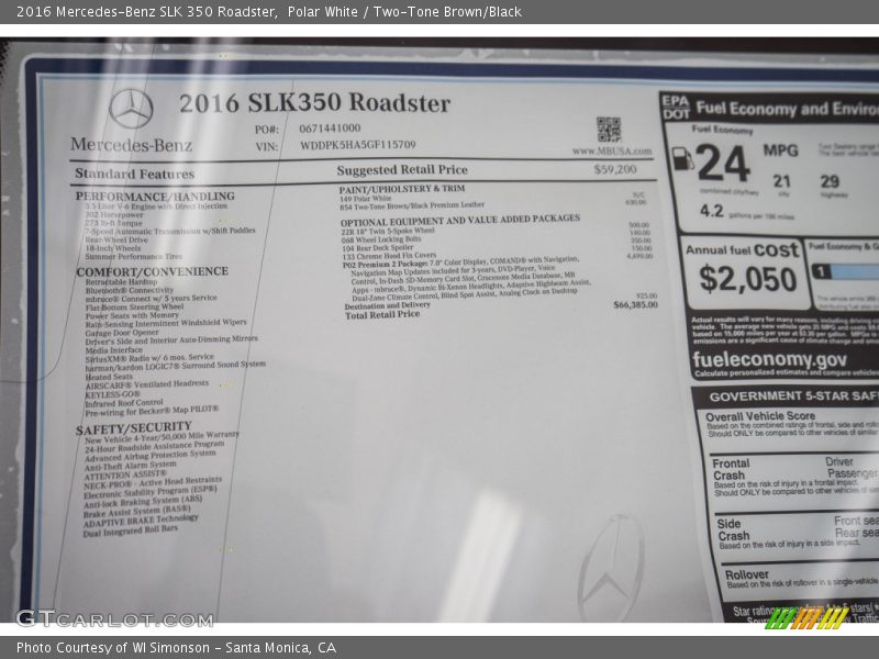  2016 SLK 350 Roadster Window Sticker