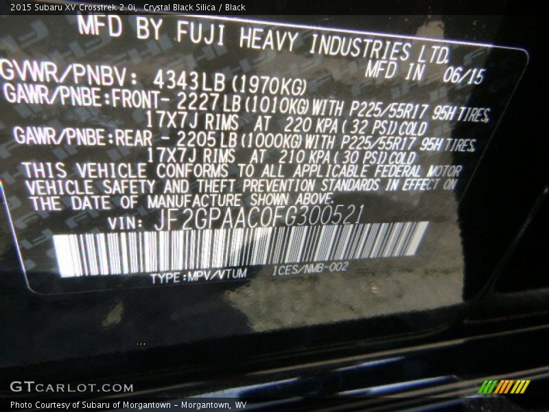 Crystal Black Silica / Black 2015 Subaru XV Crosstrek 2.0i