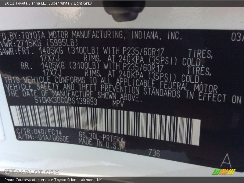 Super White / Light Gray 2011 Toyota Sienna LE