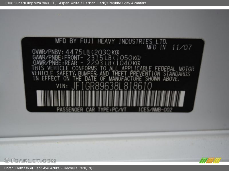 Aspen White / Carbon Black/Graphite Gray Alcantara 2008 Subaru Impreza WRX STi