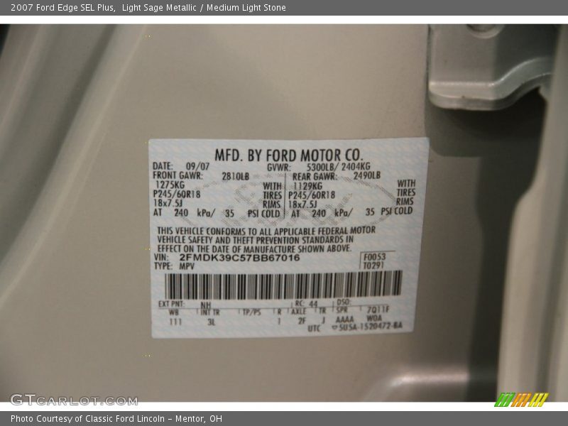 2007 Edge SEL Plus Light Sage Metallic Color Code NH