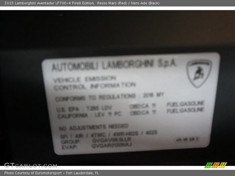 Info Tag of 2015 Aventador LP700-4 Pirelli Edition