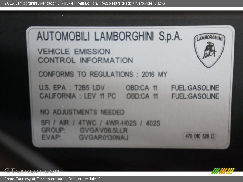 Info Tag of 2015 Aventador LP700-4 Pirelli Edition