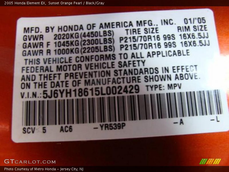 Sunset Orange Pearl / Black/Gray 2005 Honda Element EX