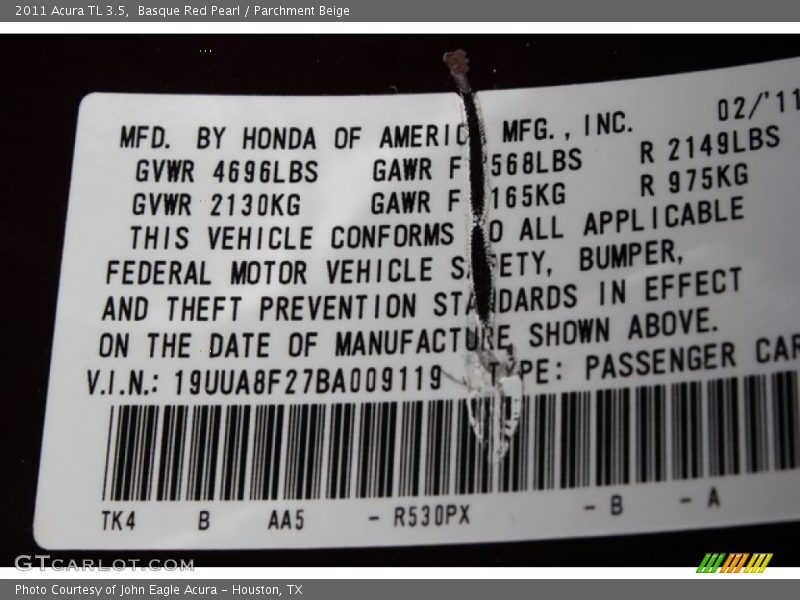 2011 TL 3.5 Basque Red Pearl Color Code R530PX