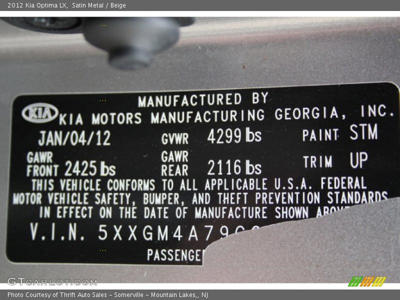 Satin Metal / Beige 2012 Kia Optima LX
