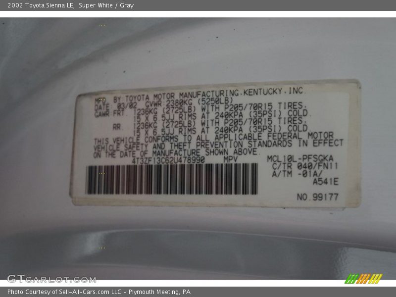 Super White / Gray 2002 Toyota Sienna LE