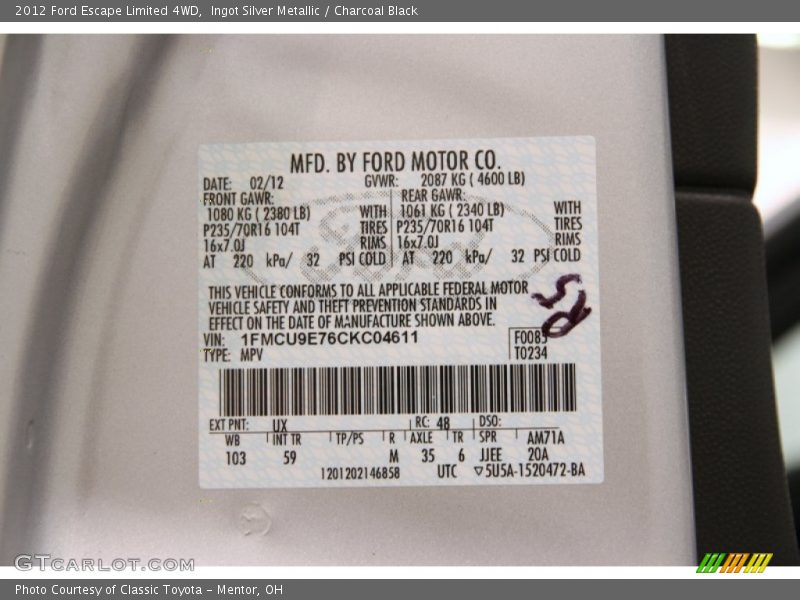 Ingot Silver Metallic / Charcoal Black 2012 Ford Escape Limited 4WD