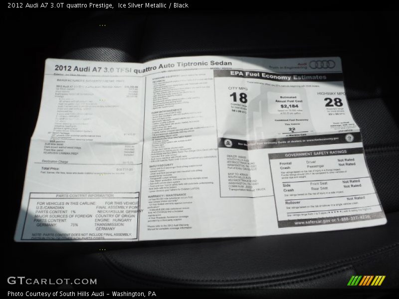  2012 A7 3.0T quattro Prestige Window Sticker