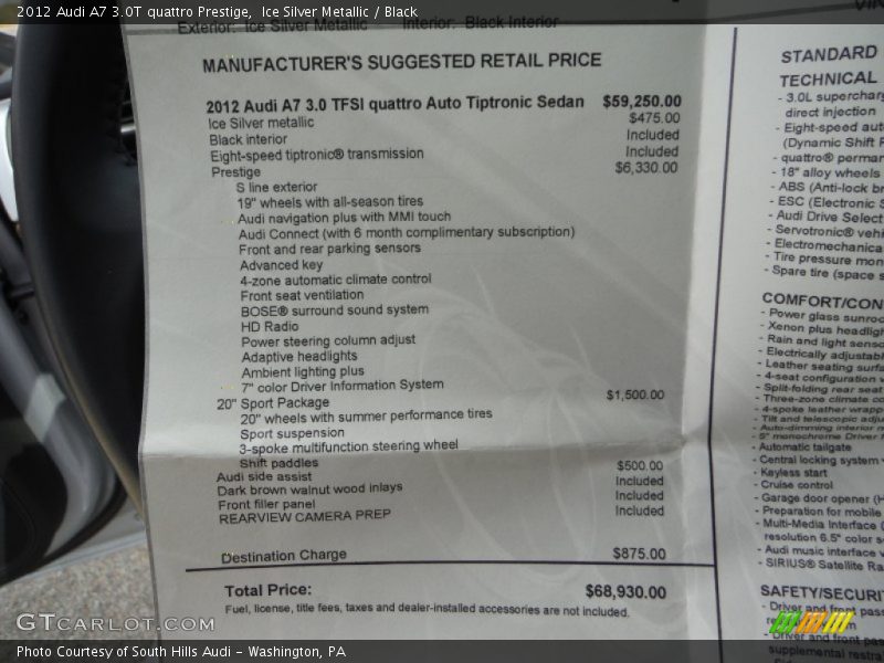  2012 A7 3.0T quattro Prestige Window Sticker