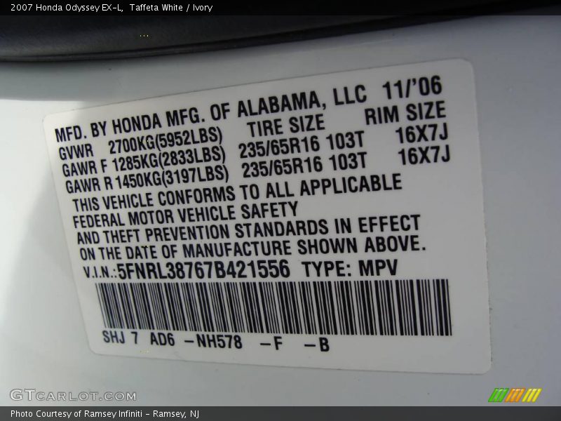 Taffeta White / Ivory 2007 Honda Odyssey EX-L