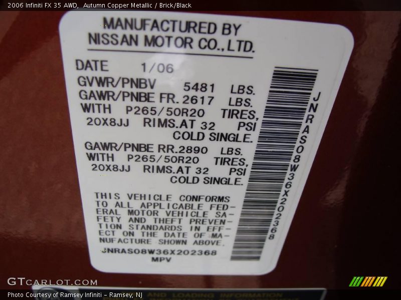 Autumn Copper Metallic / Brick/Black 2006 Infiniti FX 35 AWD