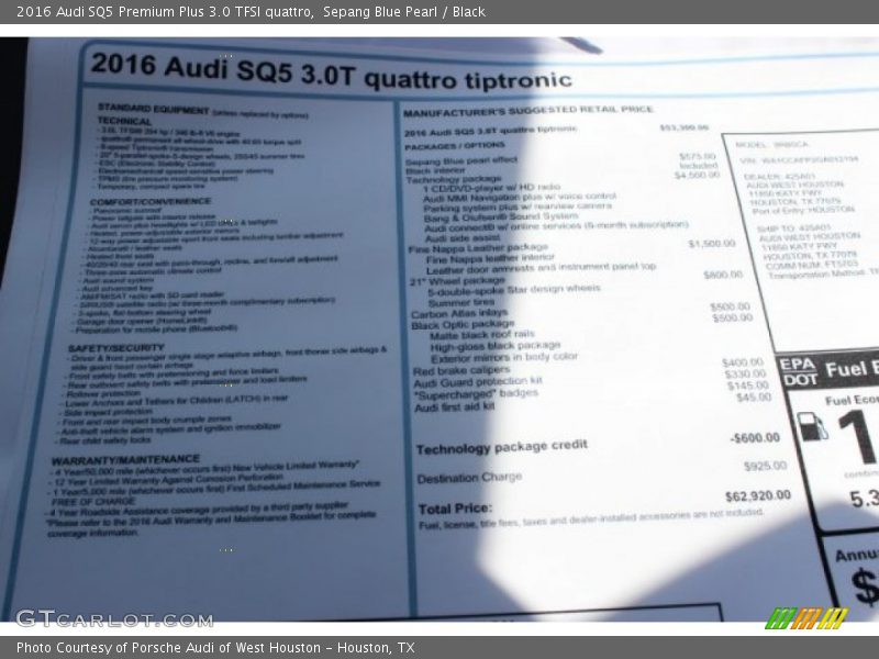  2016 SQ5 Premium Plus 3.0 TFSI quattro Window Sticker