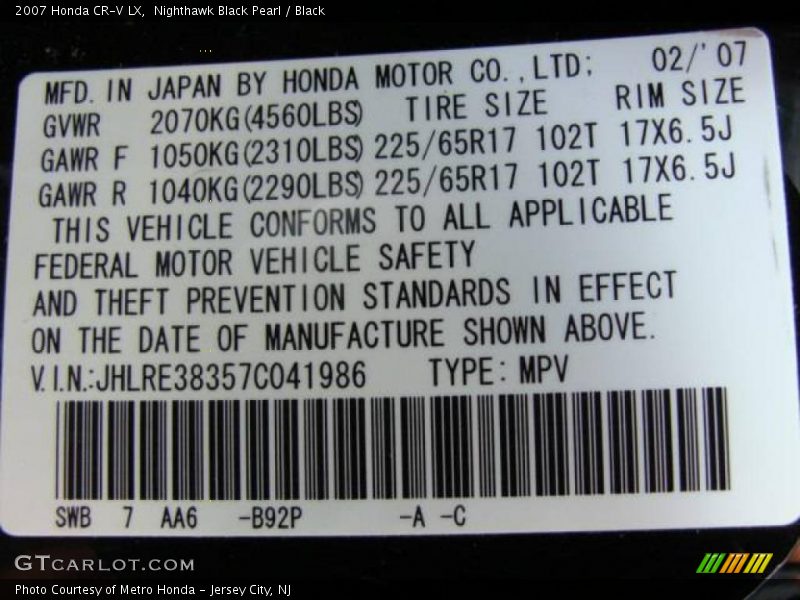 Nighthawk Black Pearl / Black 2007 Honda CR-V LX