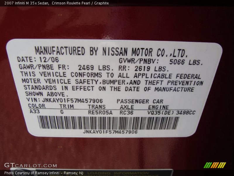 Crimson Roulette Pearl / Graphite 2007 Infiniti M 35x Sedan