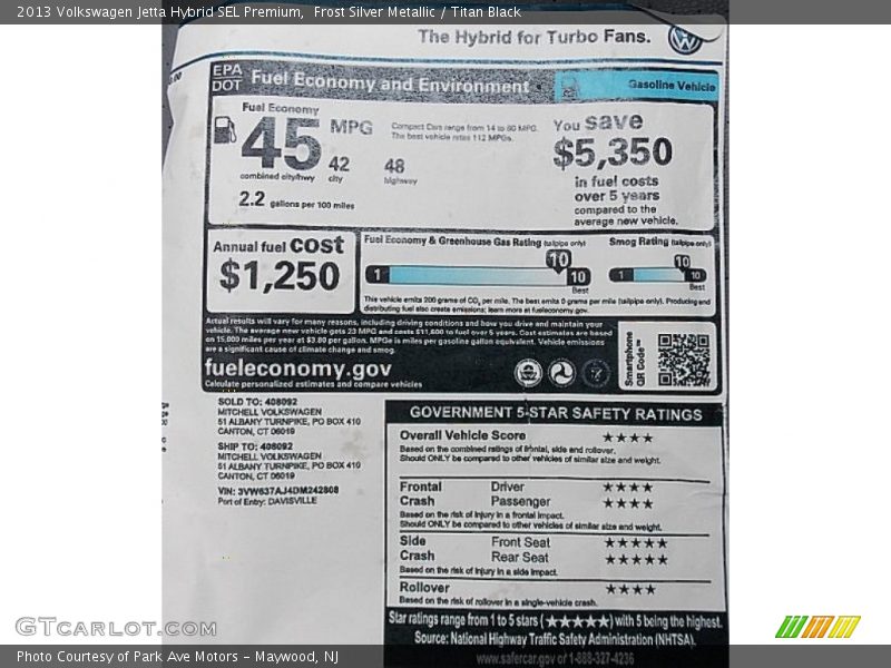 Frost Silver Metallic / Titan Black 2013 Volkswagen Jetta Hybrid SEL Premium