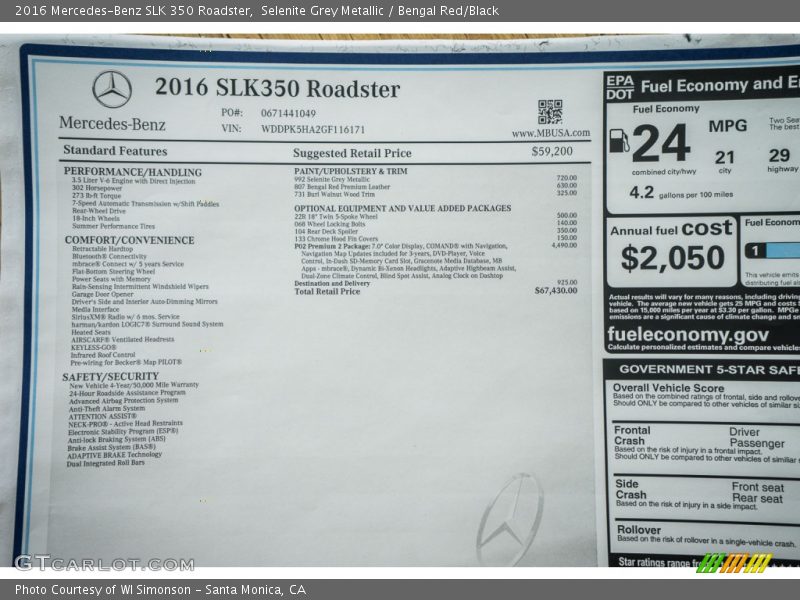  2016 SLK 350 Roadster Window Sticker